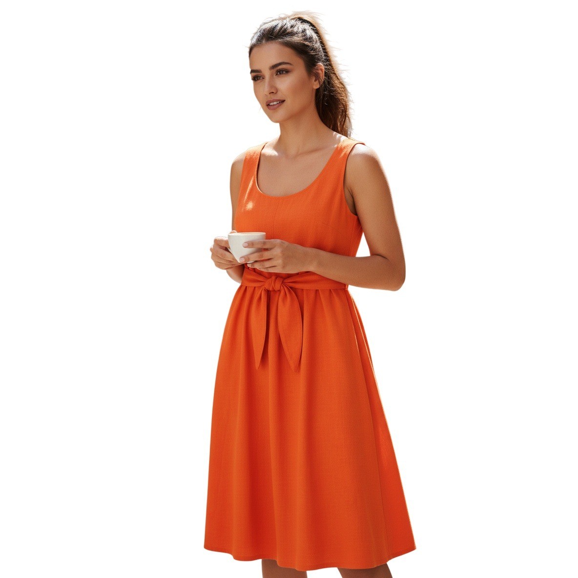 NWT 100% Silk Coldwater Creek Orange Midi Dress Sleeveless Tie Waist 10 Elegant