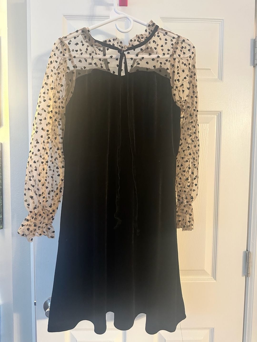 PERHAPS U Womens Black Polka Dot Mesh Velvet Bow Long Sleeve A Line Mini Dress