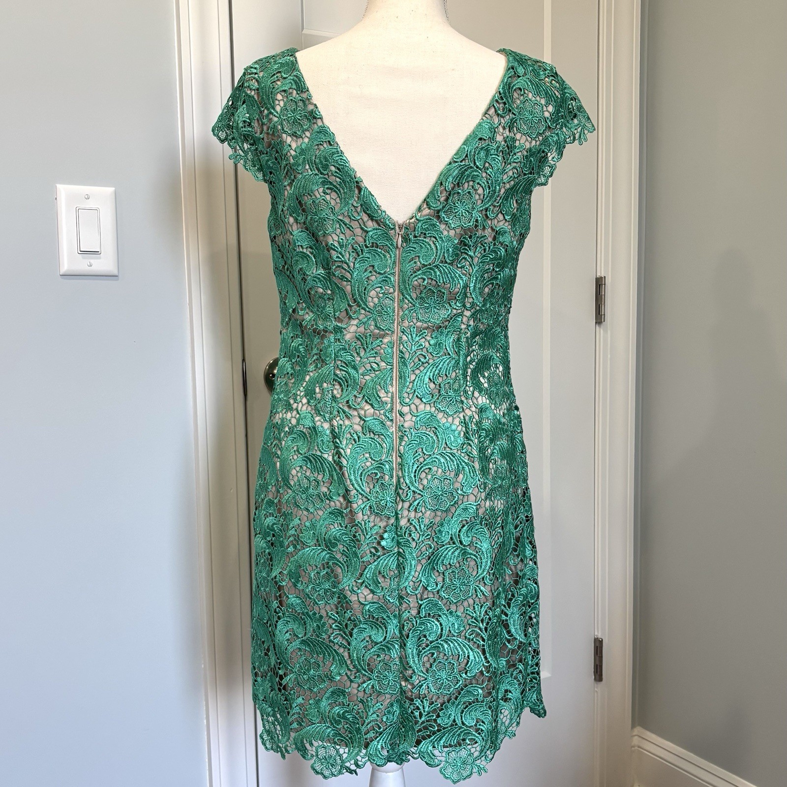 Eliza J Cap Sleeve Sheath Teal Green Lined Summer Cocktail Wedding Lace Dress 6