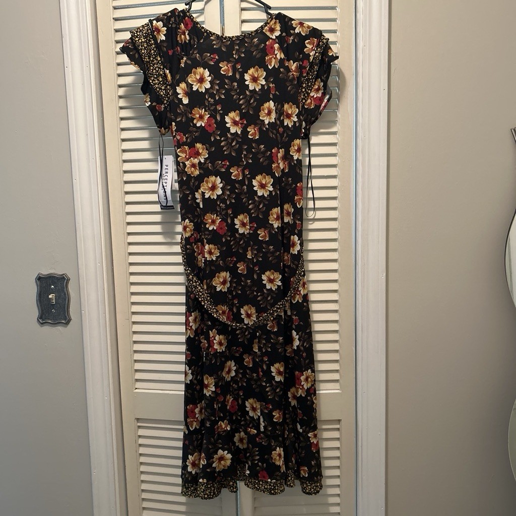 Perceptions Petite PM Black Rust Gold Floral Maxi Dress Scoop Neck Ruffle Cap