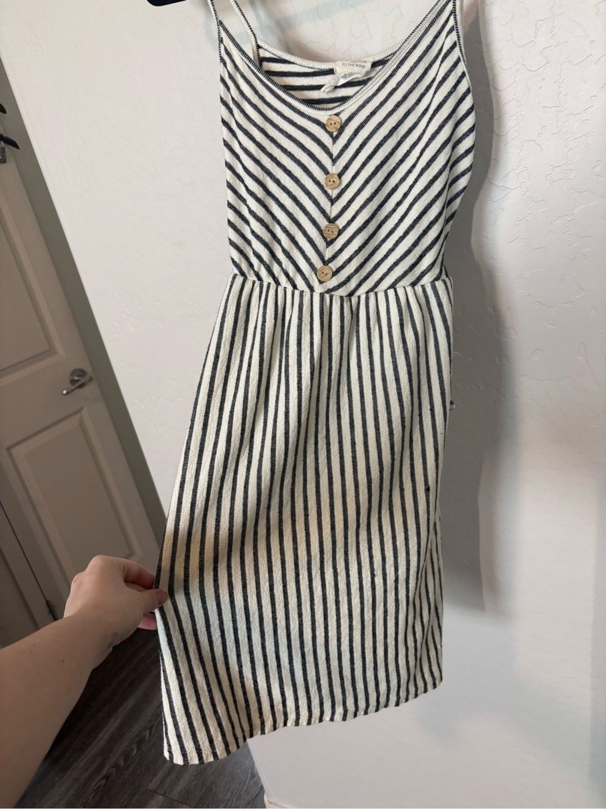 Caution to the Wind Gray White Striped Mini Dress Button Front Women’s Small