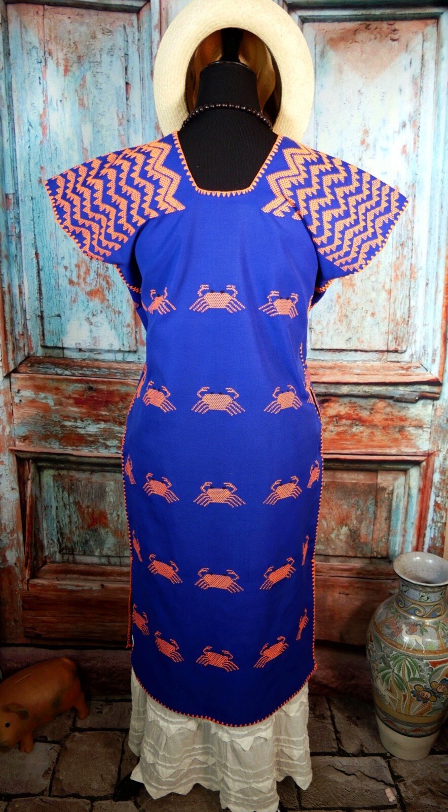M/L Huipil Kaftan Handwoven Blue & Orange Crabs San Juan Colorado Oaxaca Mexico