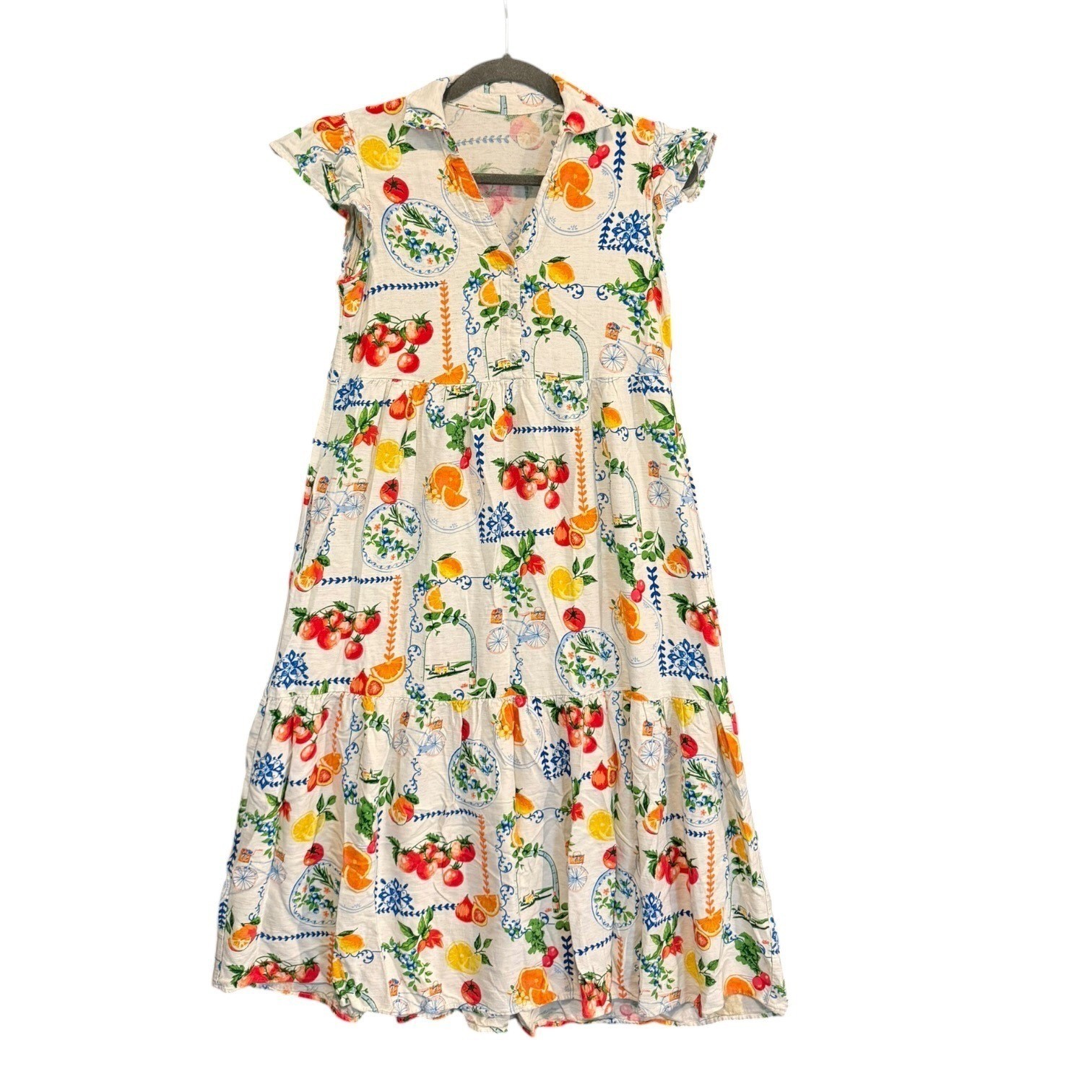 Jane & Delancey Fruit & Mediterranean Print Cottagecore Tiered Maxi Dress S