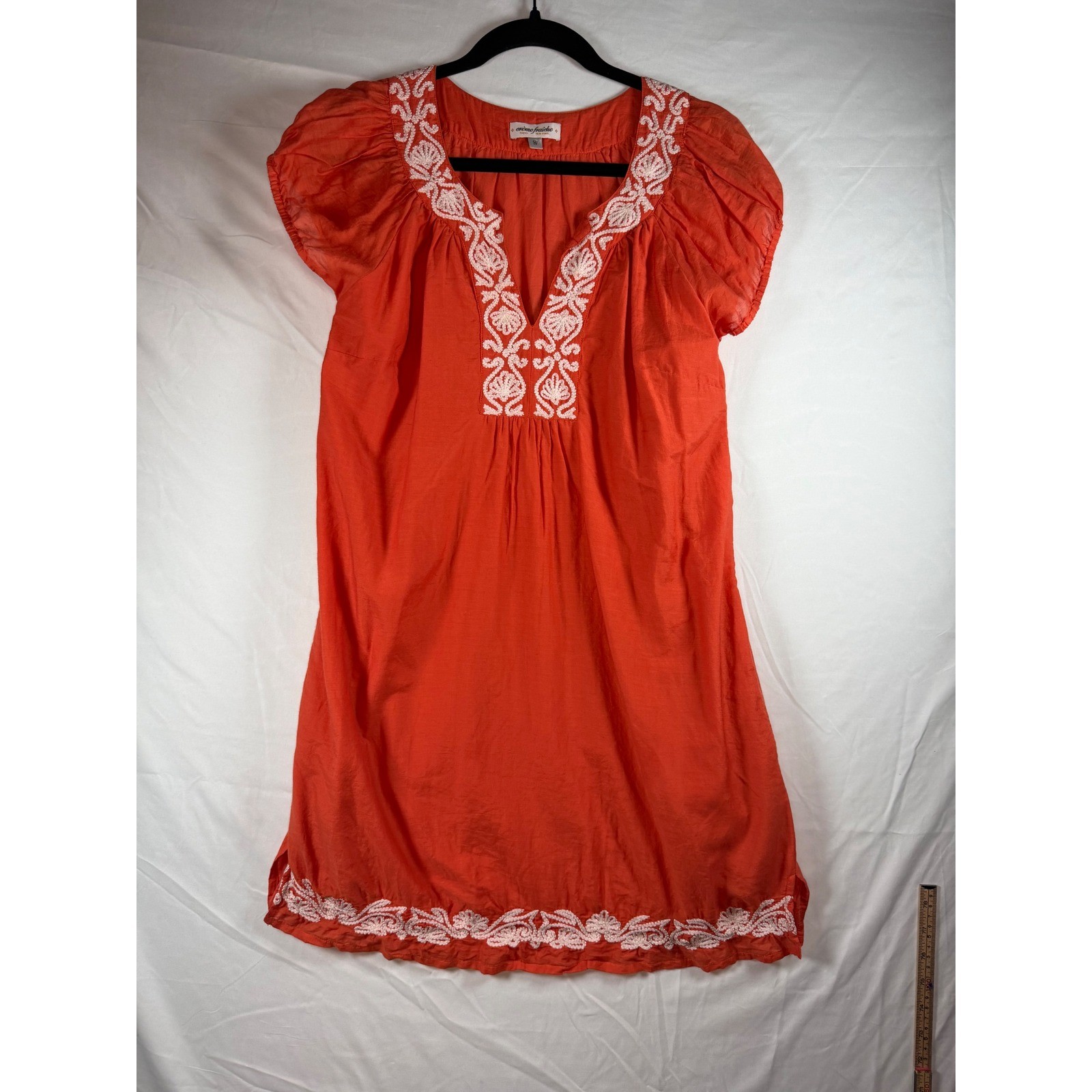 Creme Fraiche Orange Silk Blend Embroidered Boho Tunic Mini Dress Womens Small