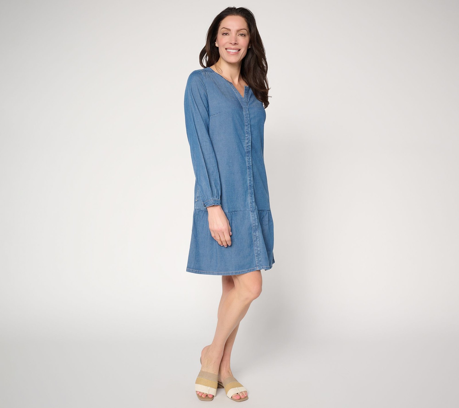 Susan Graver Stretch Chambray Button Front Dress Medium Wash L New
