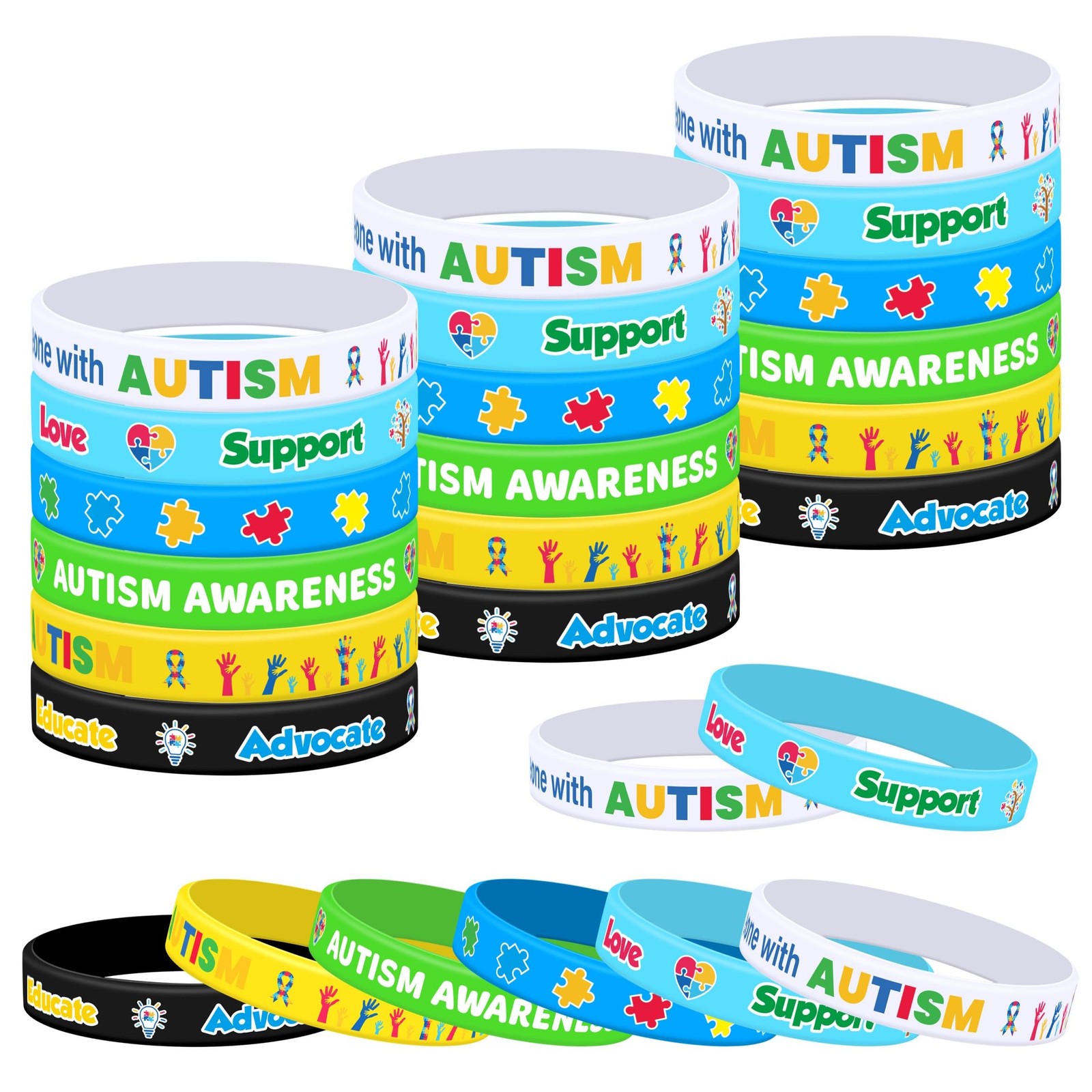 Lesnala 48 Packs Autism awareness bracelet Colorful puzzle pieces silicone wrist