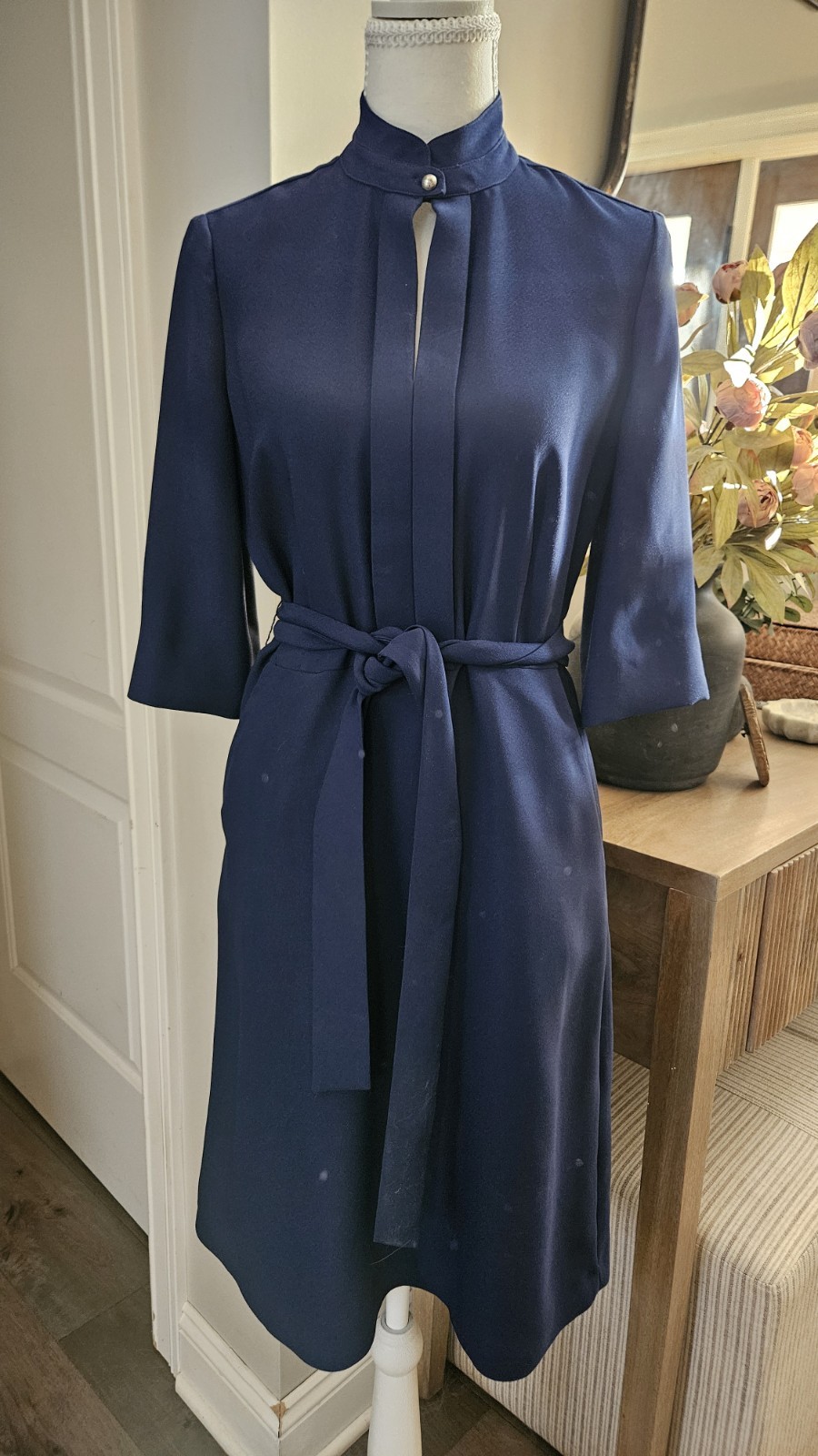 Hobbs London Lyla Keyhole Belted Dress Navy Mock Neck Quiet Luxury Office Midi