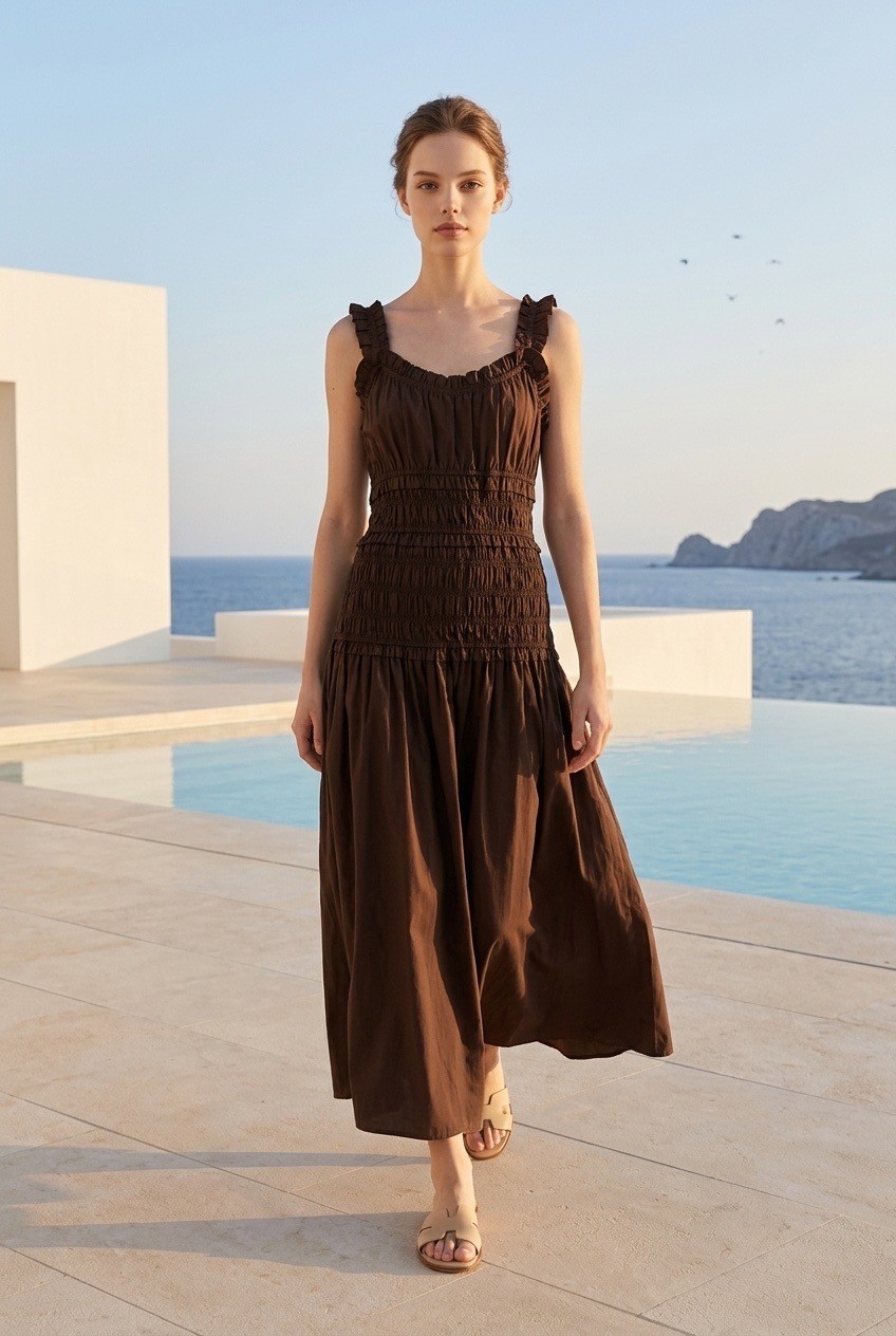 NWT Caroline Constas Brown Smocked Cotton Midi Dress Ruffle Straps S
