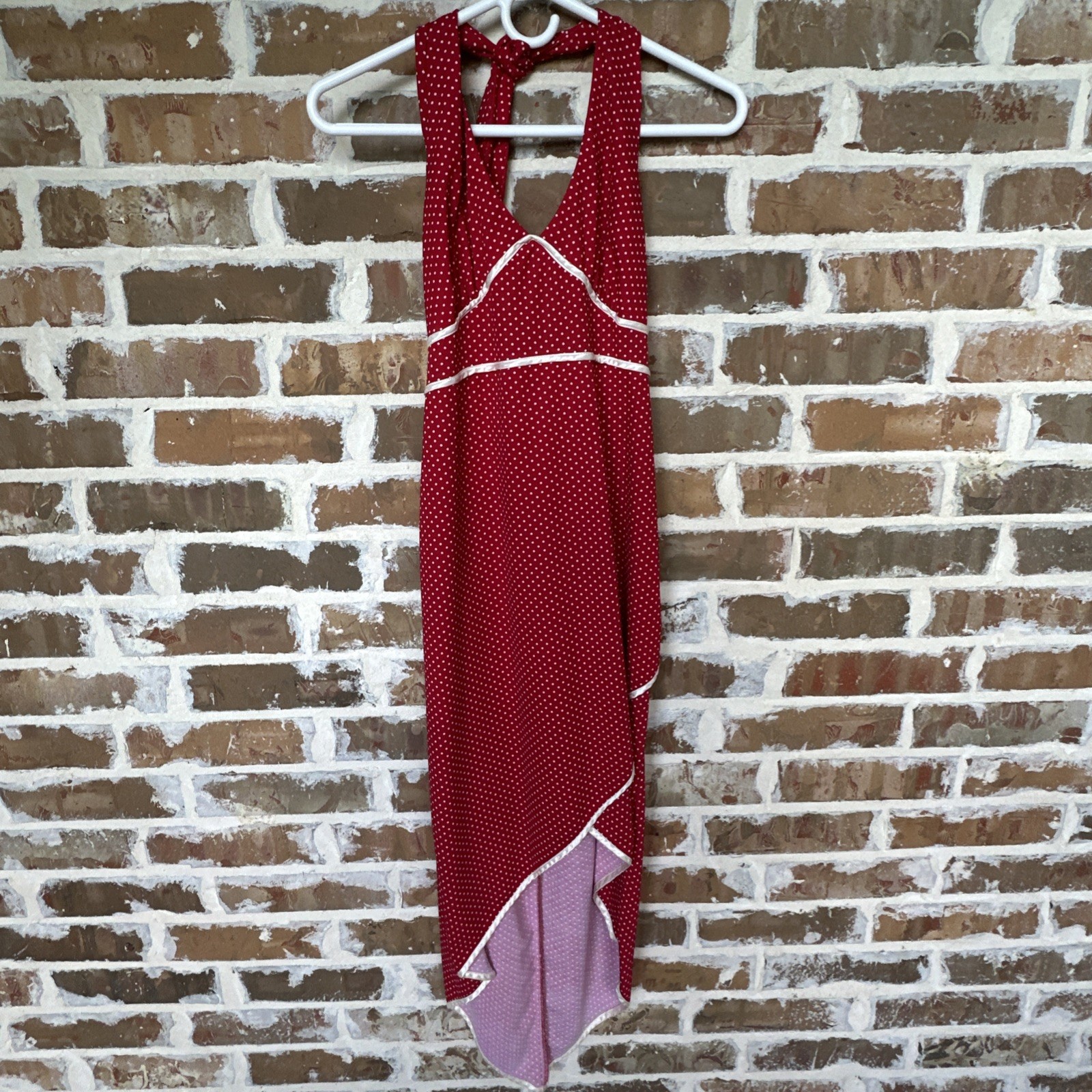 VTG City Triangles Red Polka Dot Halter Dress 30×50 Inch Neck High Low Y2K USA