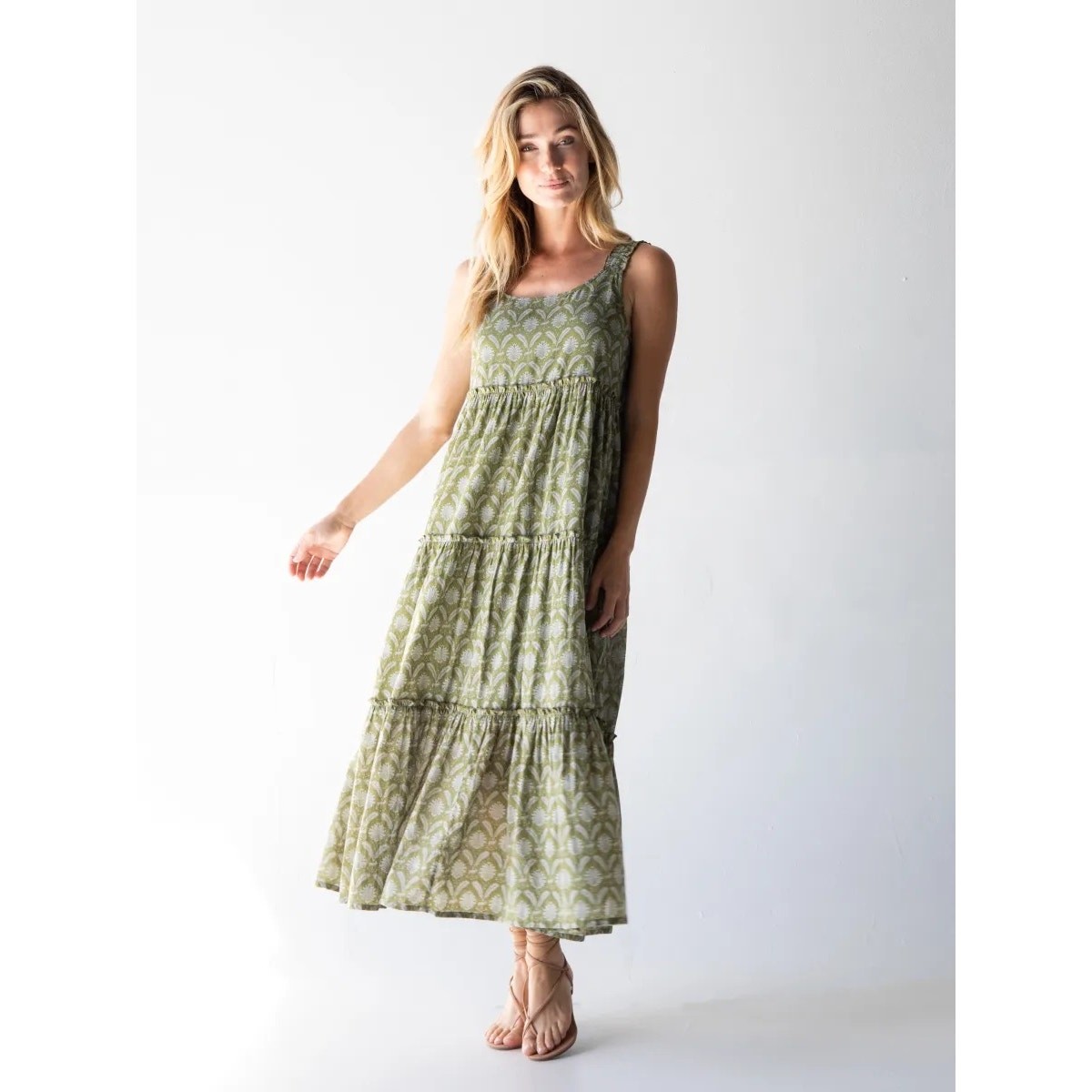 Natural Life Women’s Medium Adele Midi Dress Green Floral Boho Ethereal Girly