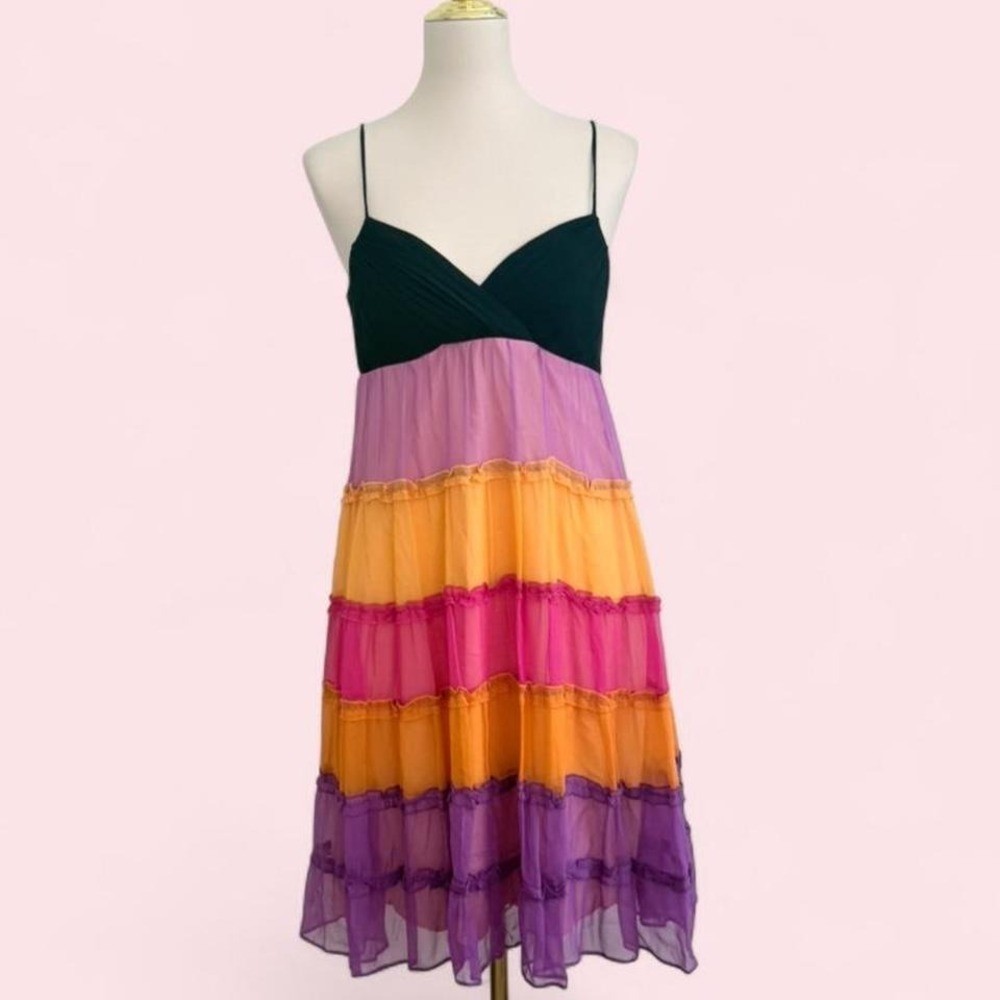 Y2K Sangria Rainbow Tiered Chiffon Babydoll Dress