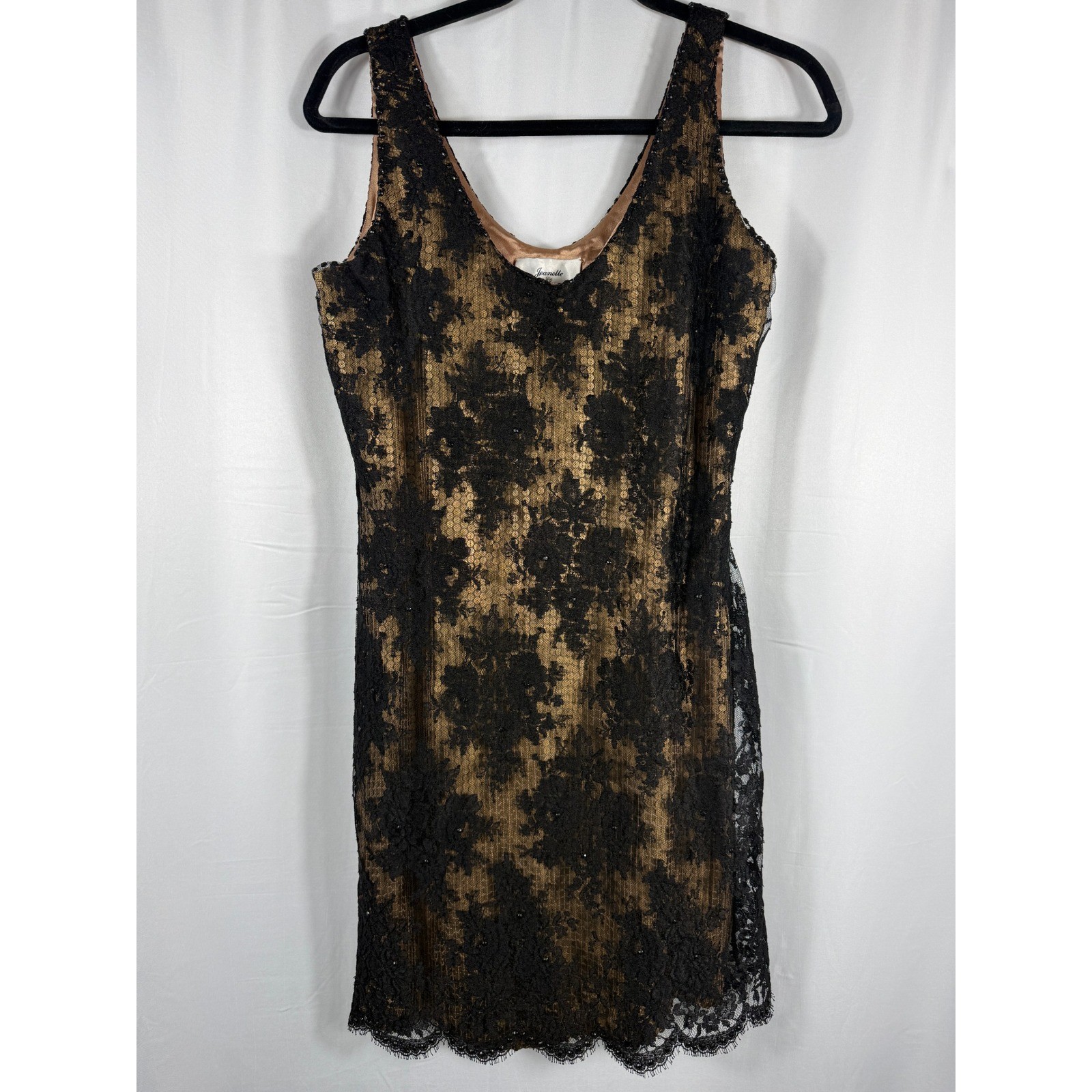 Vintage Jeanette for St Martin Sport Black Lace Sequins Gold Lined Dress S READ