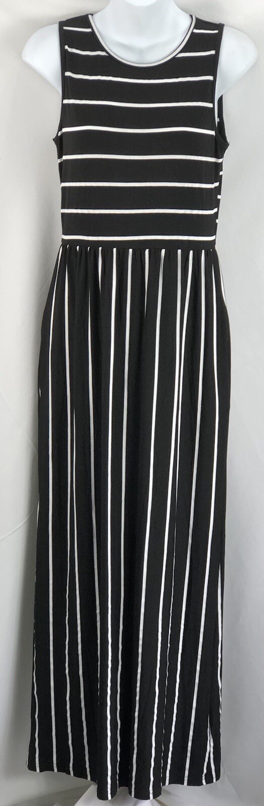Hount Sleeveless Mayi Dress S Blk/Wht Stripe Scoopneck Boho Hippie Beach Pockets