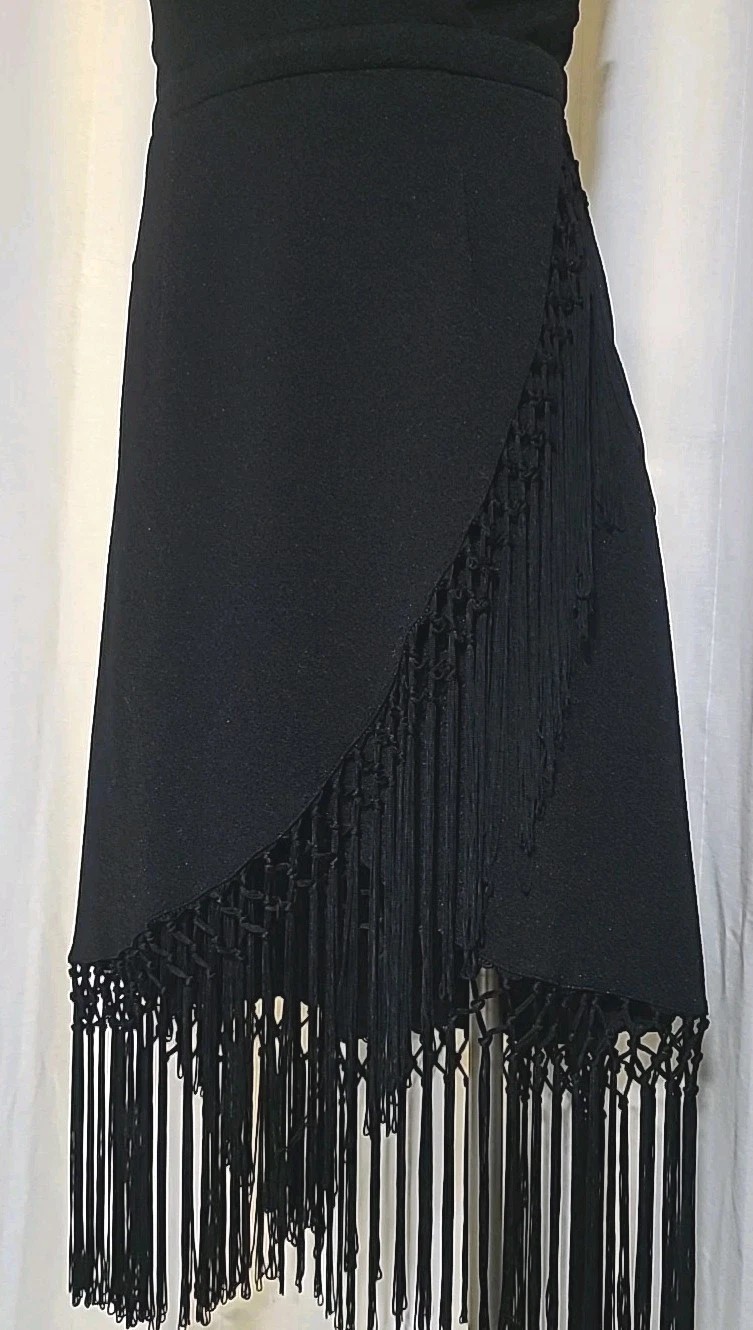 Black Fringe Wrap Cocktail Dress Stretchy M Party Boho Goth Y2K 70s Retro Disco