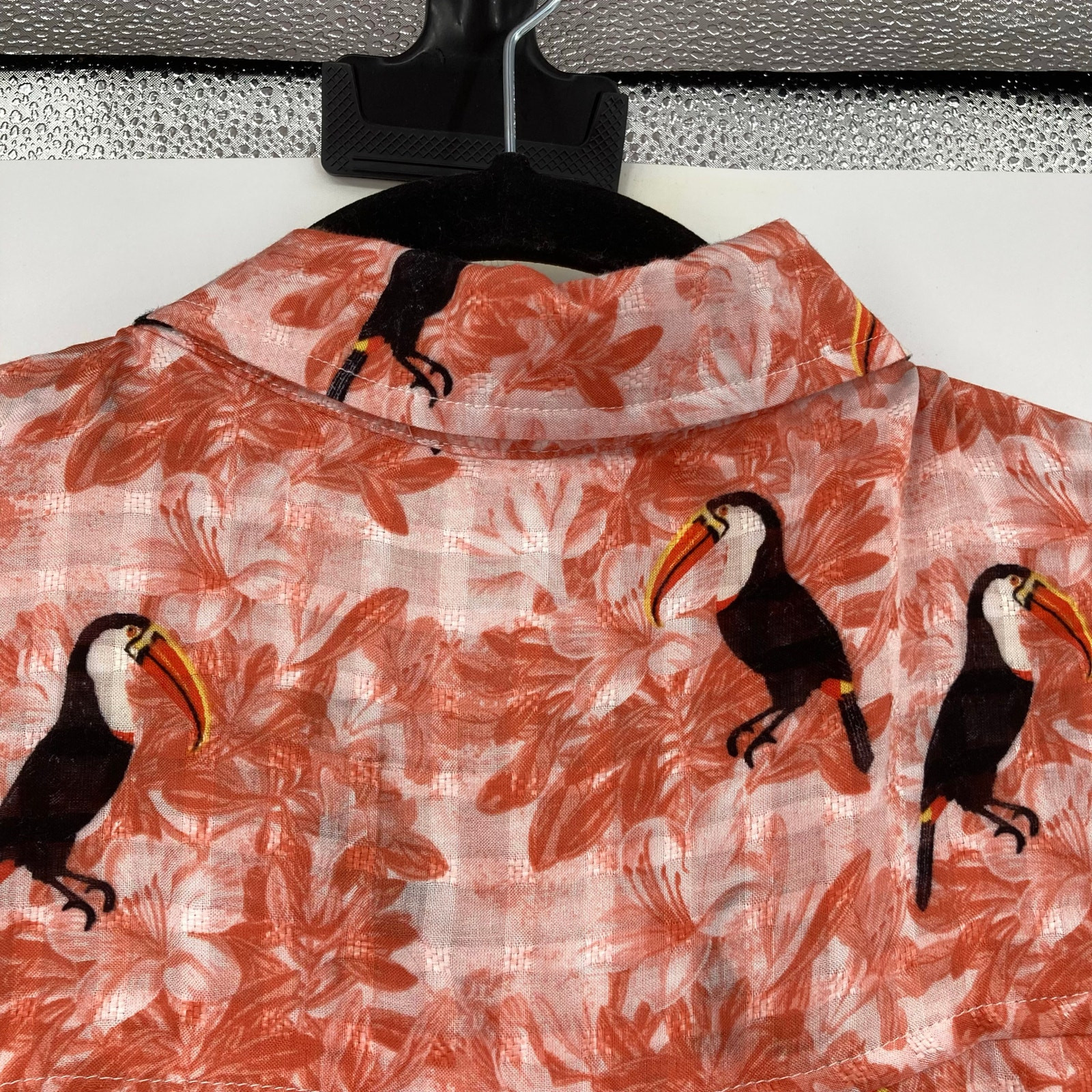 Jane & Delancey Peach Toucan Tropical Gauze Tunic Abalone Button Shirt Dress L