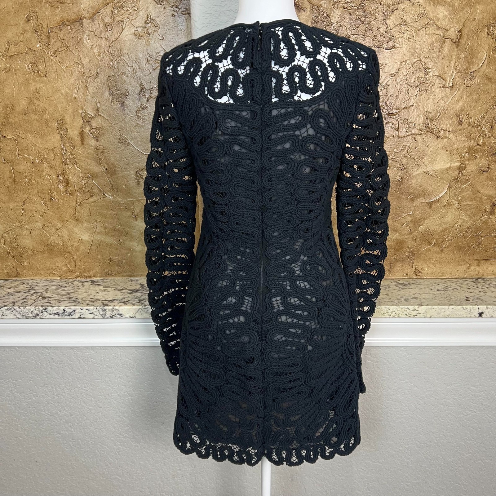 NWT Simkhai McCall Cage Dress Crochet Mini Dress Sz 4 Long Sleeve Black $845