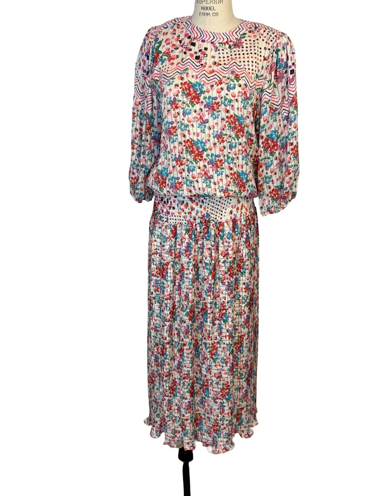 Vintage 80s Diane Freis Floral Print Dress Ruched Waist Mini Pleat Skirt – LG