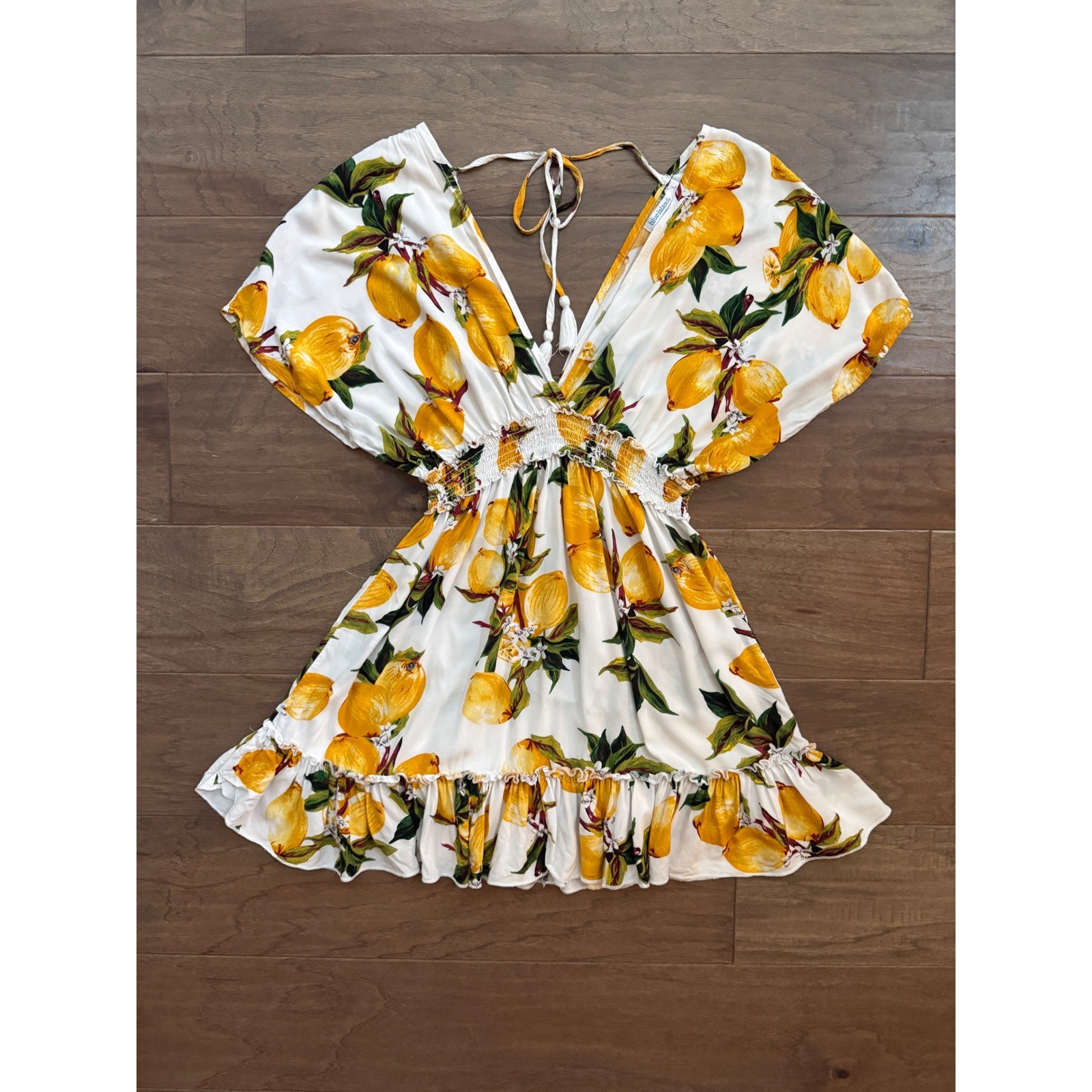 Blue Island Lemon Print Mini Dress Womens Large White Yellow Smocked Boho V-Neck