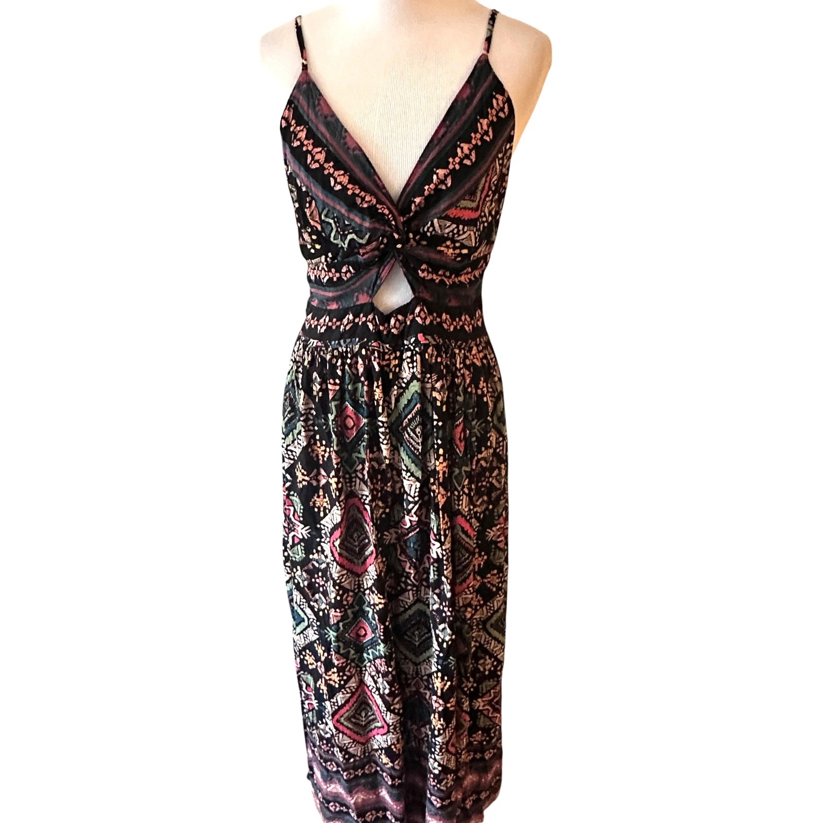 Angie Aztec Maxi Dress Womens Large Black Cut Out Twist Front Smocked Back Boho