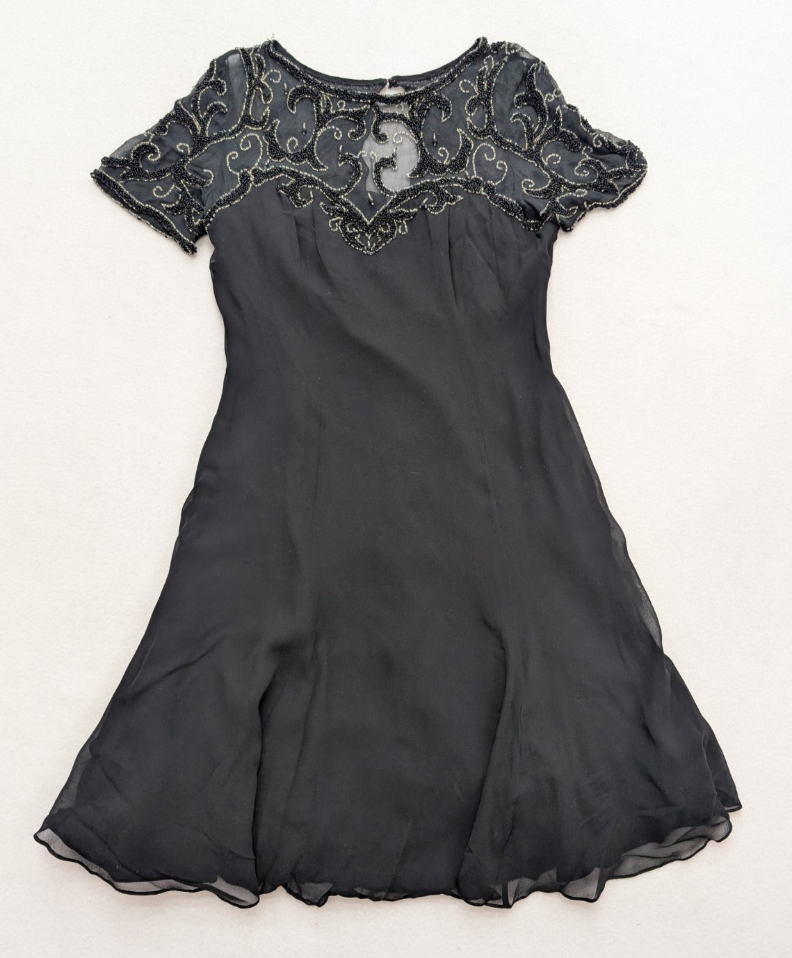 Niteline Della Roufogali Women’s Dress Vintage 90s Black Silk Beaded Neckline