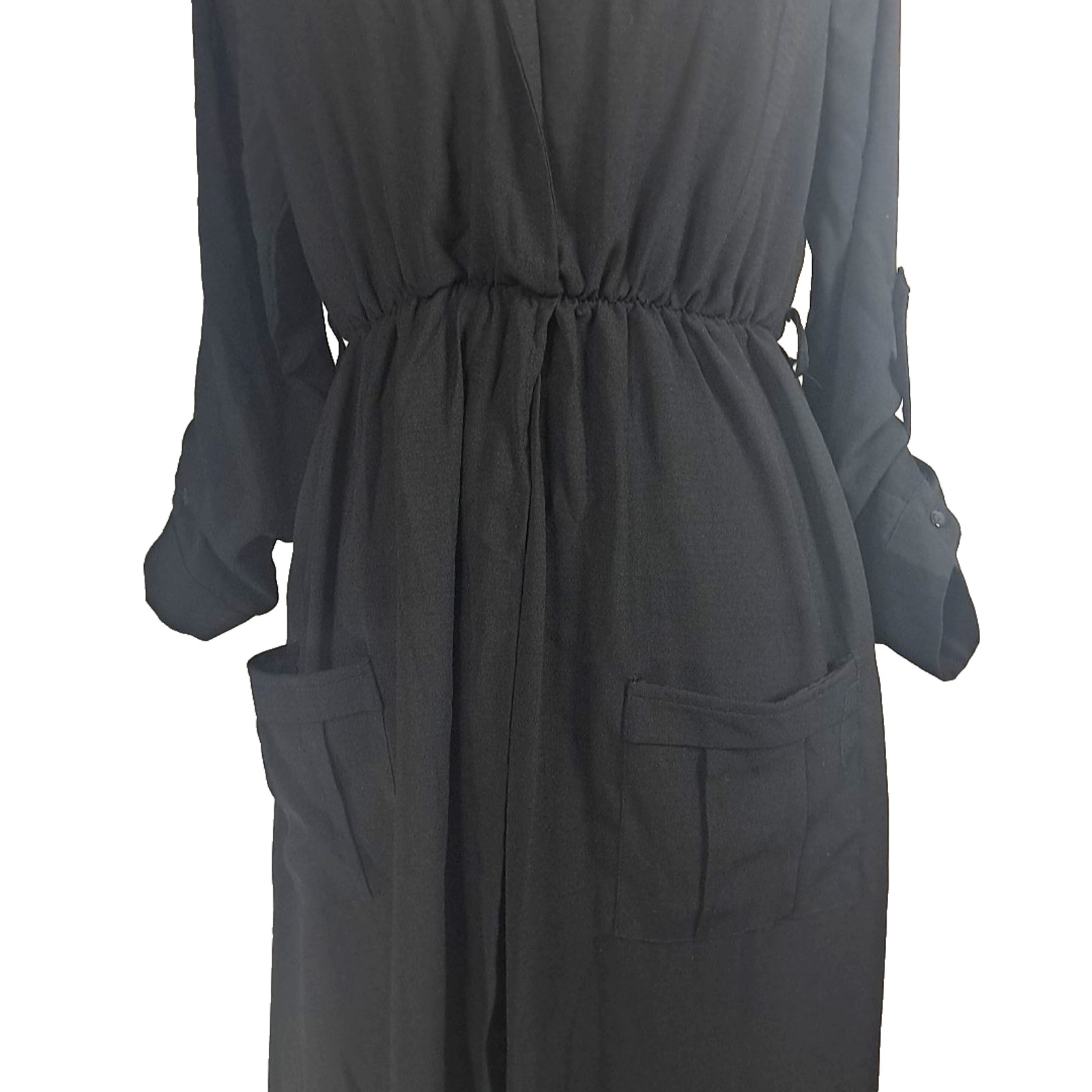 Faux Wrap Split Skirt Roll Tab Sleeve Maxi Dress Size L Black Goth Vamp Festival