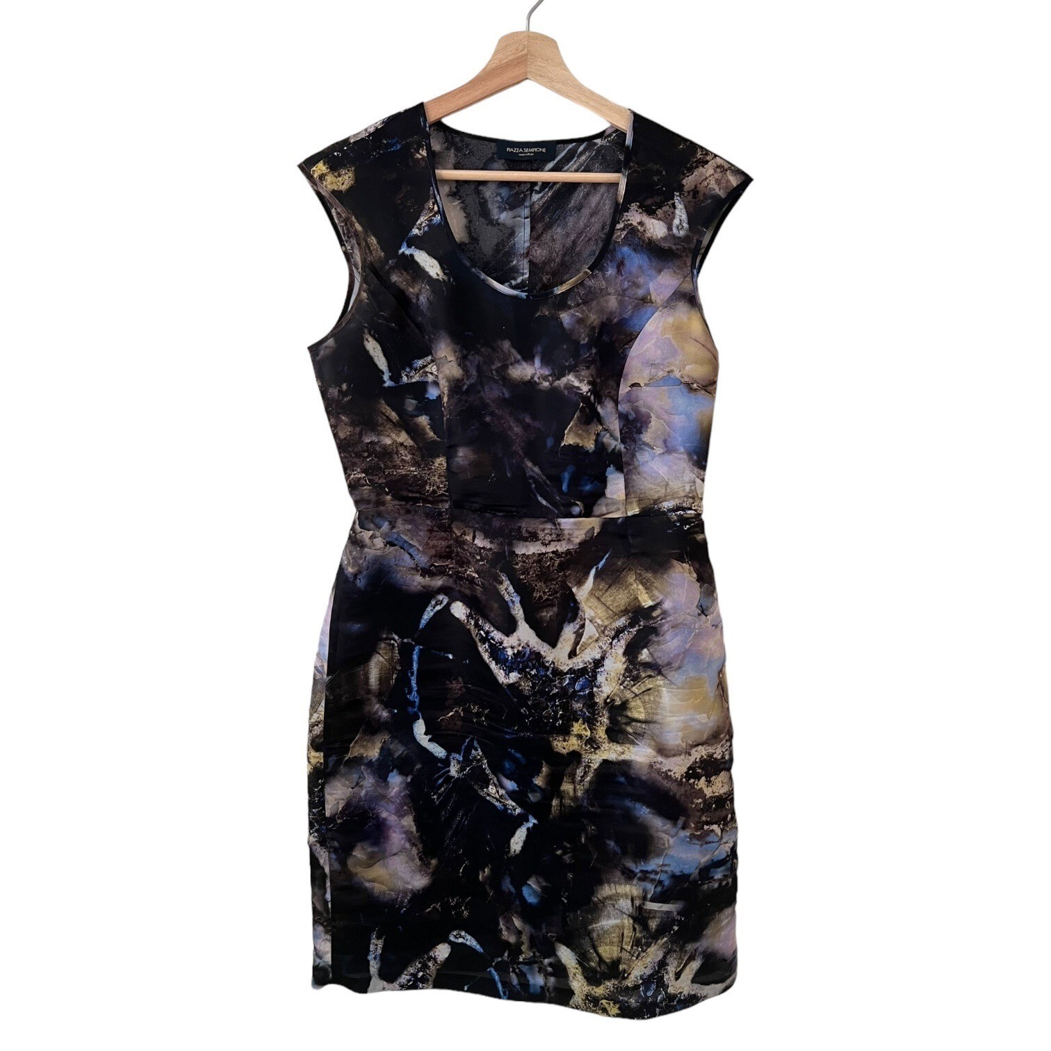 Piazza Sempione Marble Print Cap Sleeve Silk Sheath Dress Blue Black IT 42 US 6