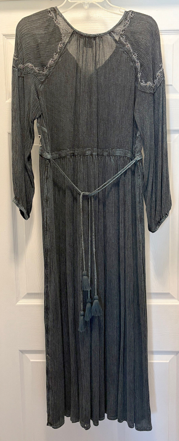 Sweet Magnolia Embellished Boho Prairie Beaded Blue Gray Maxi Dress L