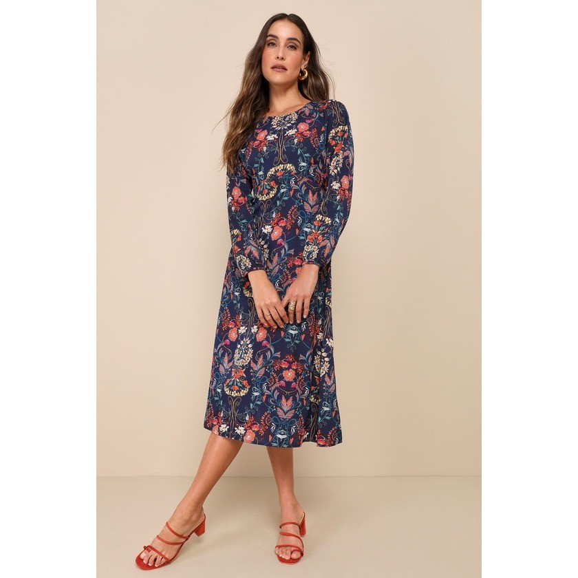 I. Madeline Garden Splendor Navy Floral Long Sleeve Midi Dress Women’s M Modest