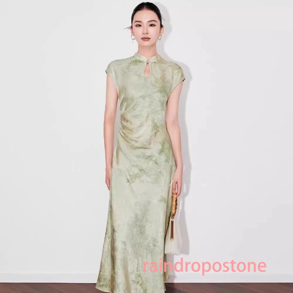 Womens Stand Collar Floral Printed Mid Long Dress Sleeveless Retro Chinese Style