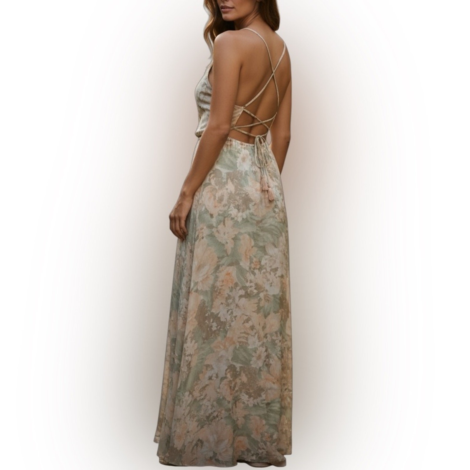 Womens Floral Open Back Maxi Dress Peach Green Cream NWT Medium