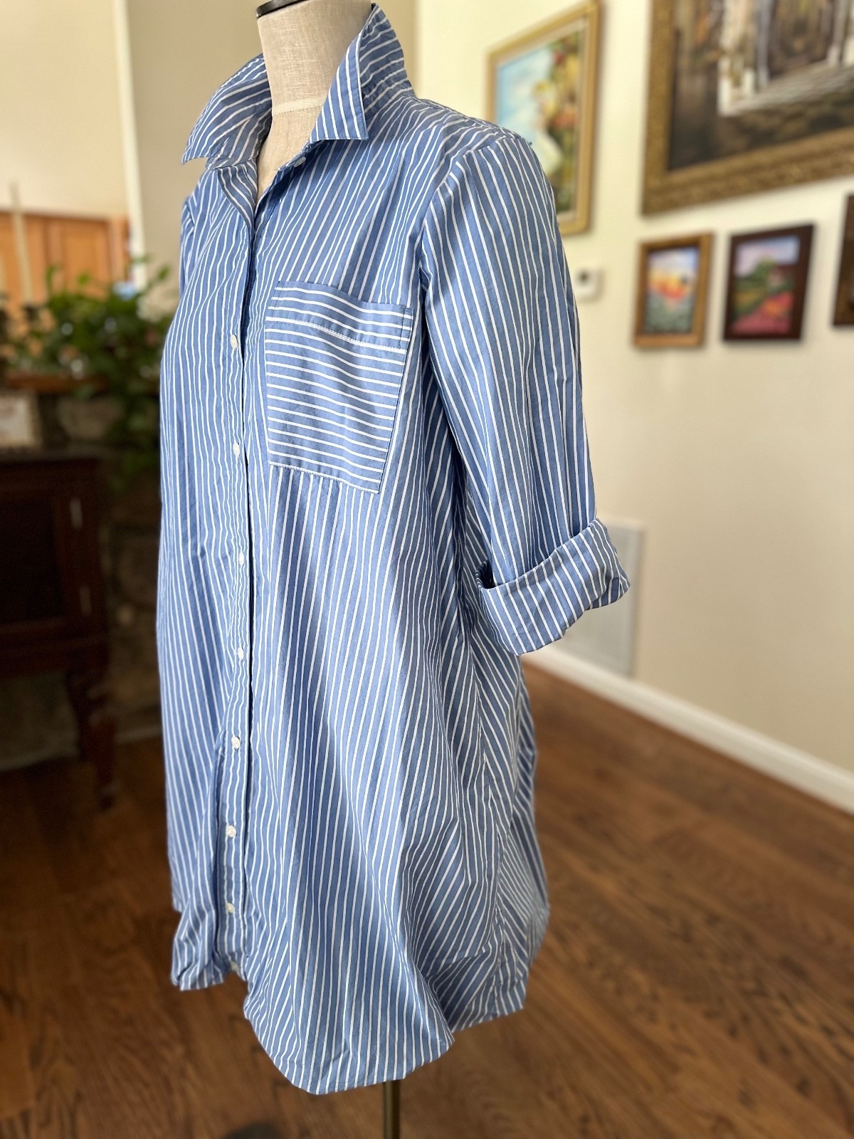 Striped Poplin Bubble Hem Mini Pocket Shirtdress Size L