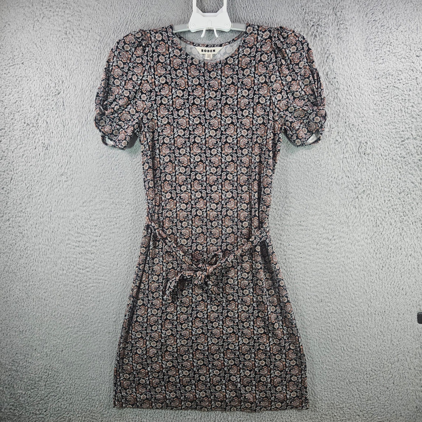 Boden Womens Floral Paisley Puff Sleeve Tie Waist Jersey Mini Dress US 6R