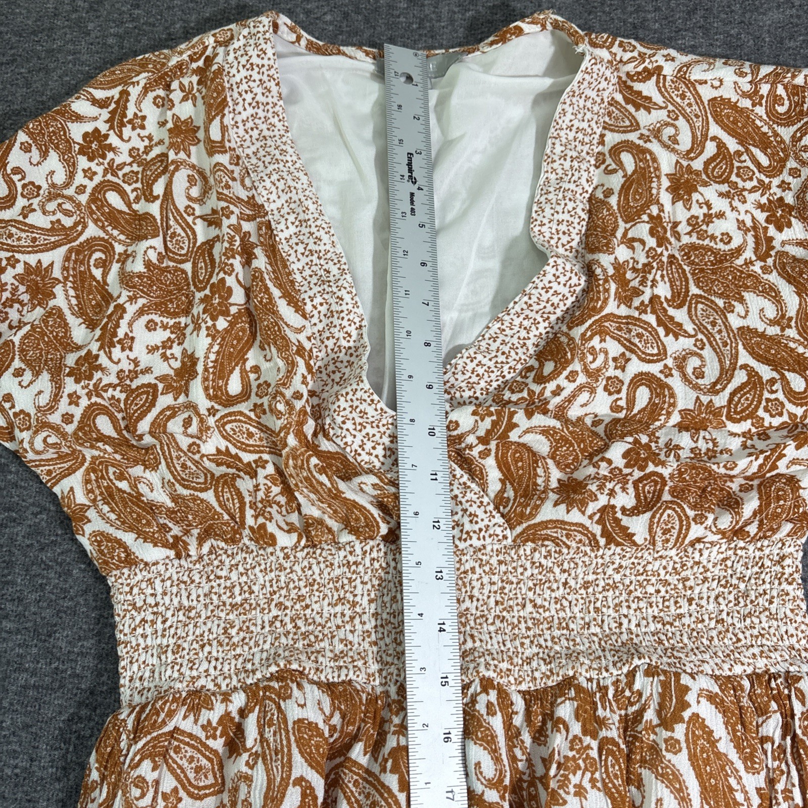 J GEE Rust Orange White Floral Bohemian Maxi Dress Lined V-Neck Flutter L Womens