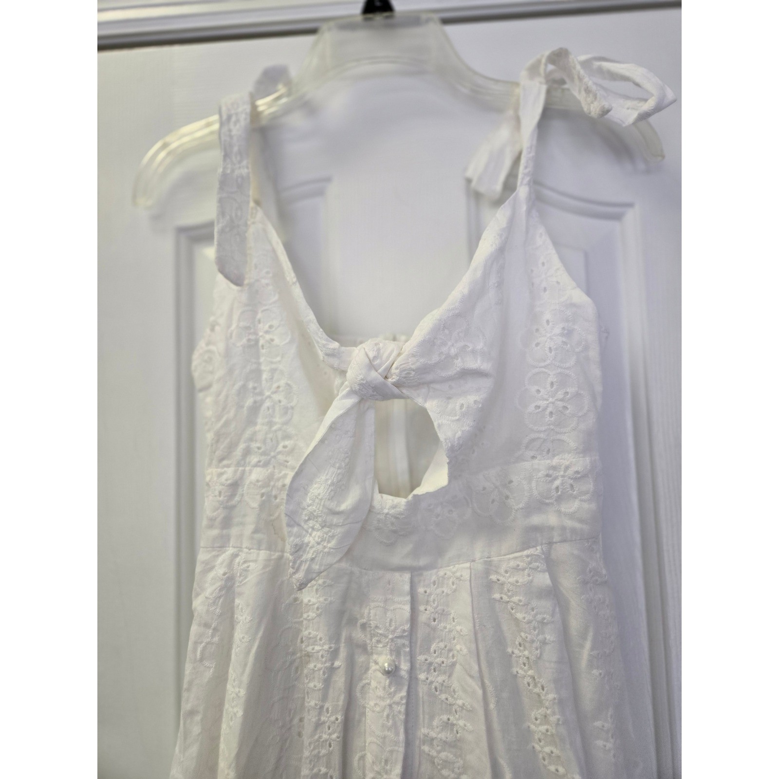 White Eyelet Tie Front Midi Dress Pearl Button Detail Sleeveless Boho Sundress