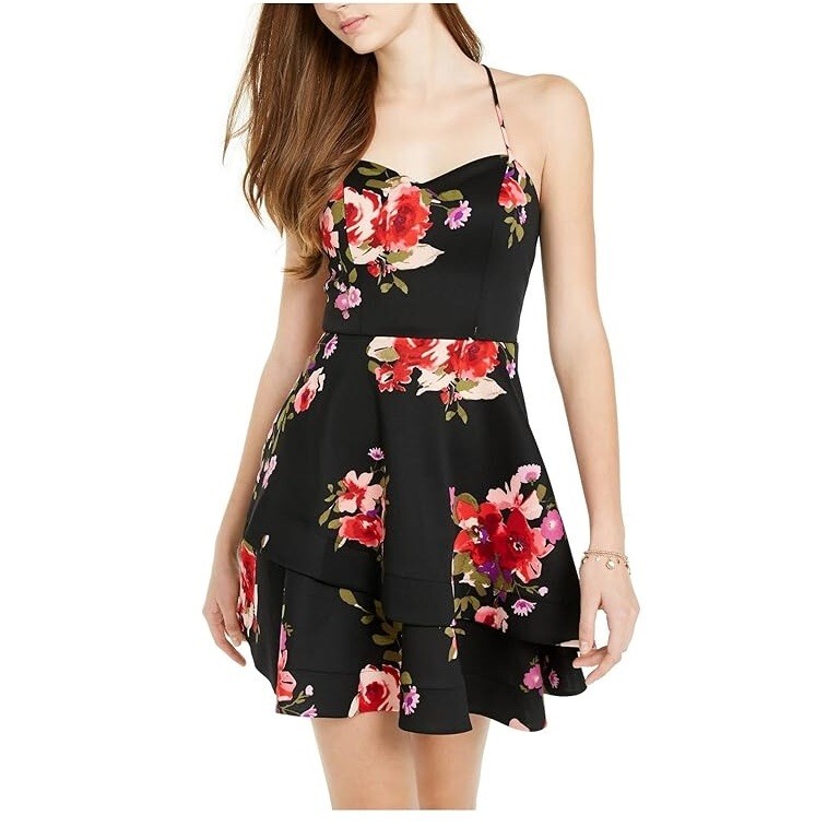 Sequin Hearts Junior Womens 0 Black Floral Sleeveless Tiered Mini Dress NWT O65