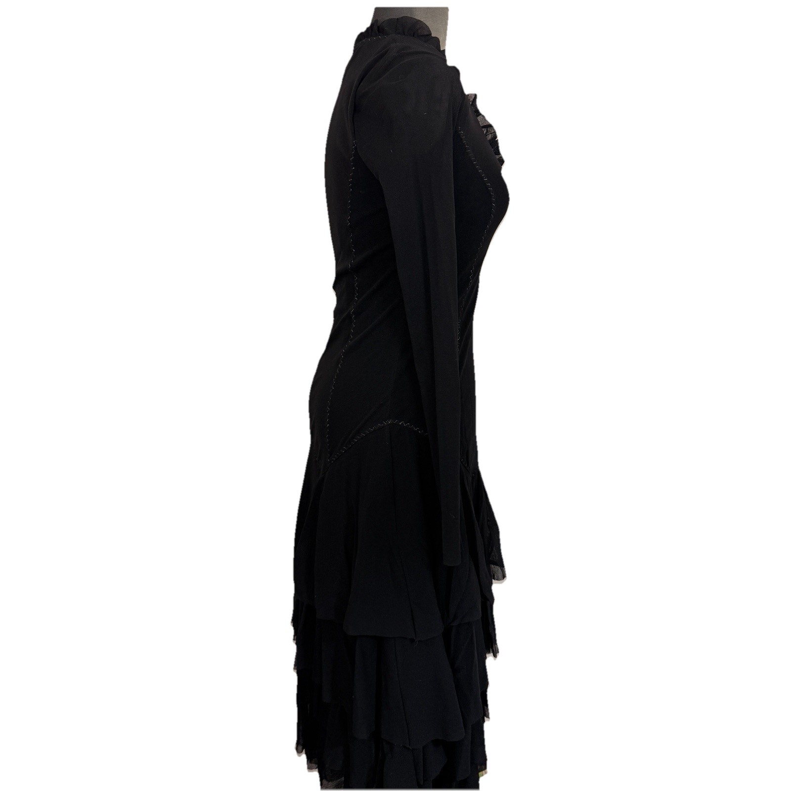 FUZZI Whimsigoth Tiered Dress Sz M Italy Black Mesh Fit Flare Layered Witchy