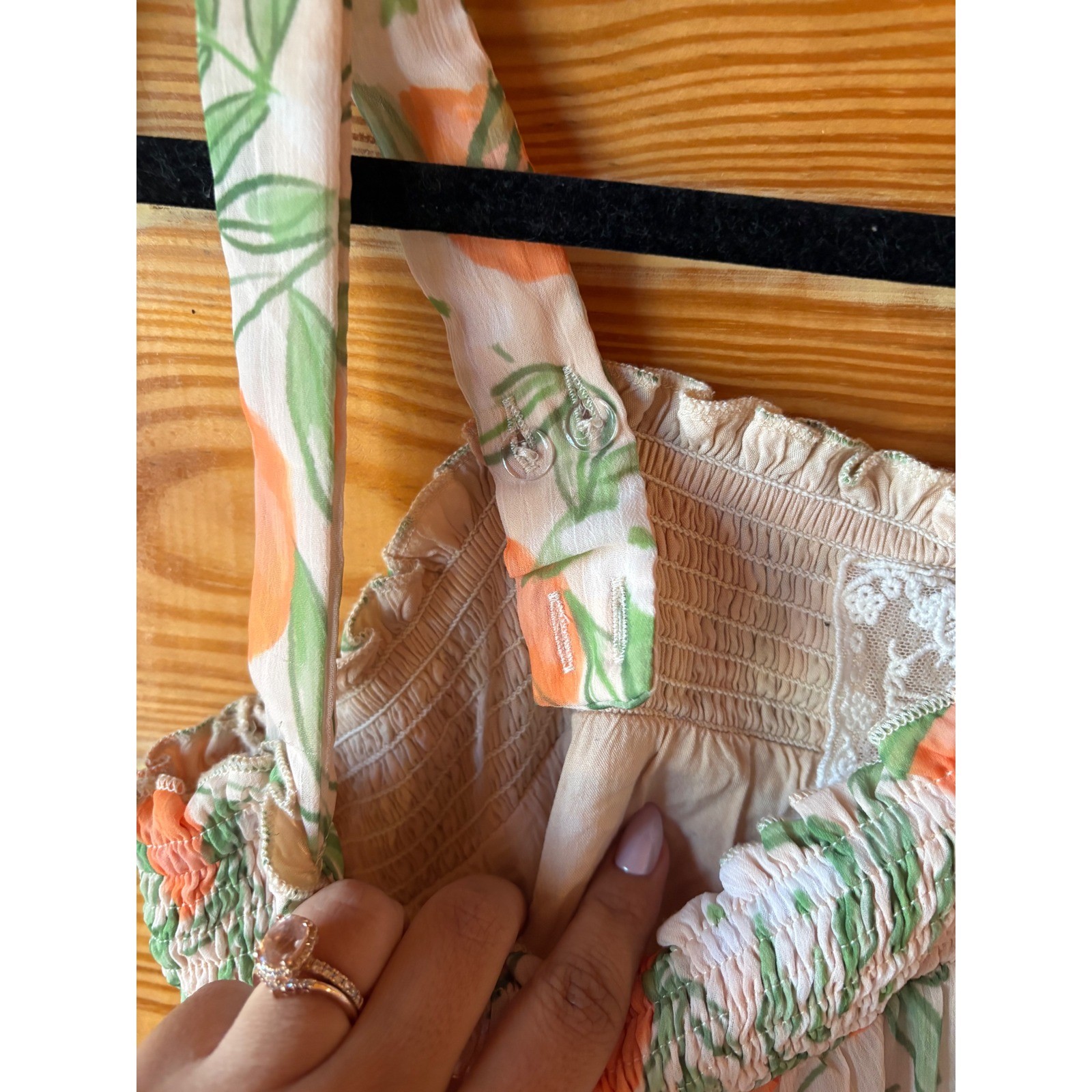 Sadie & Sage Lemon Garden Print Smocked Mini Dress Orange Green Womens Small
