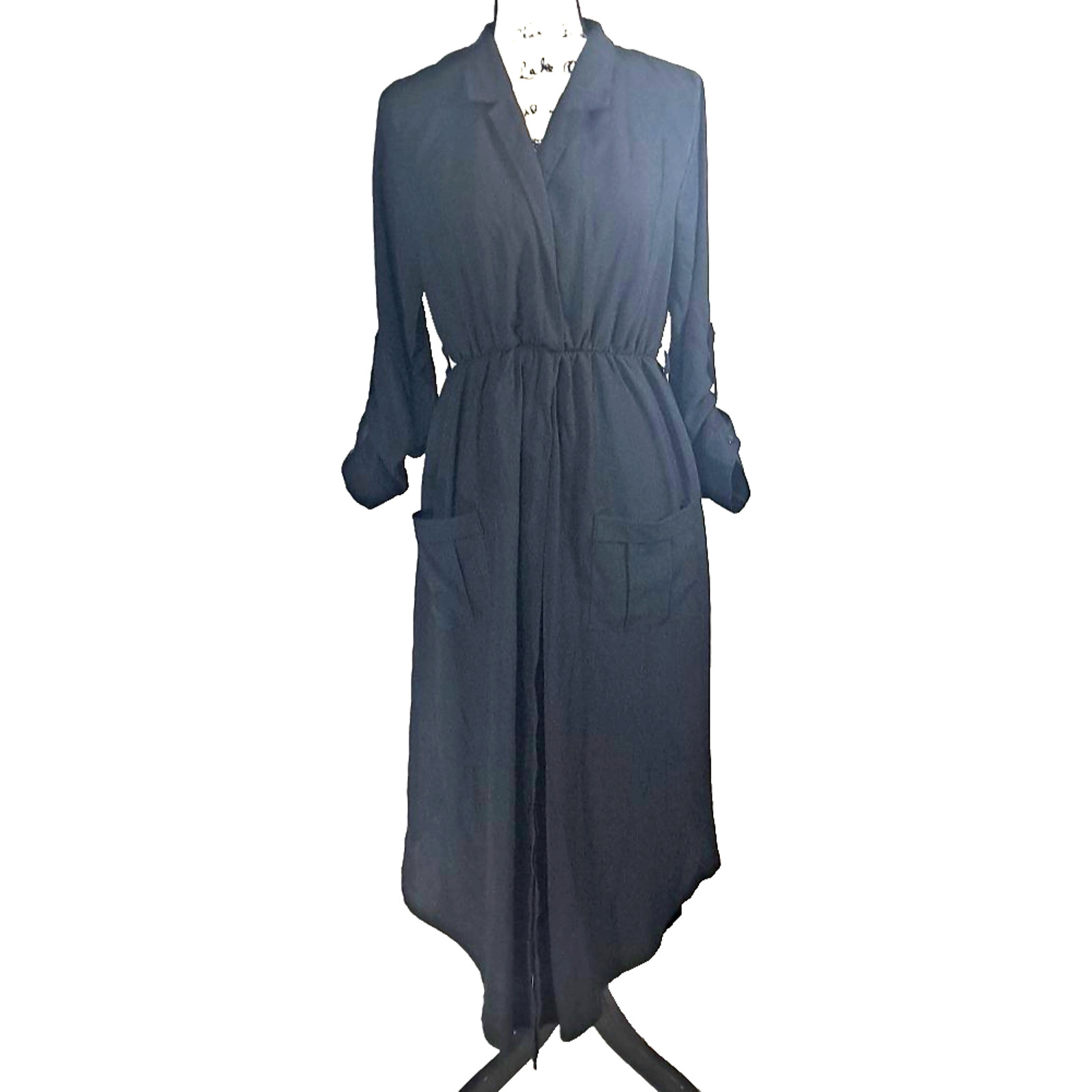 Faux Wrap Split Skirt Roll Tab Sleeve Maxi Dress Size L Black Goth Vamp Festival