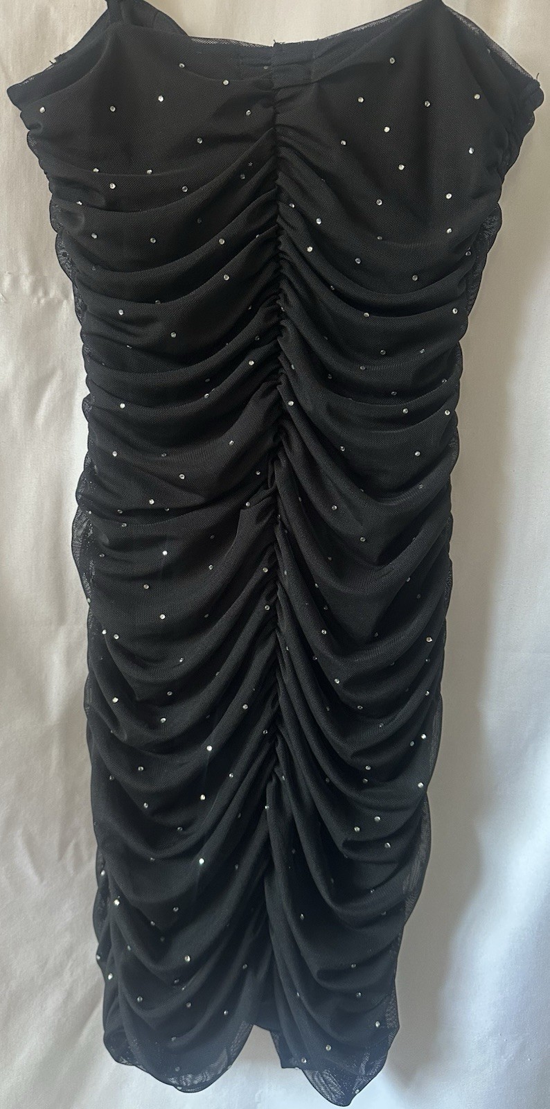 Refuge Black Rhinestone Ruched Mesh Mini Dress Women’s Y2K Bodycon Party Club M