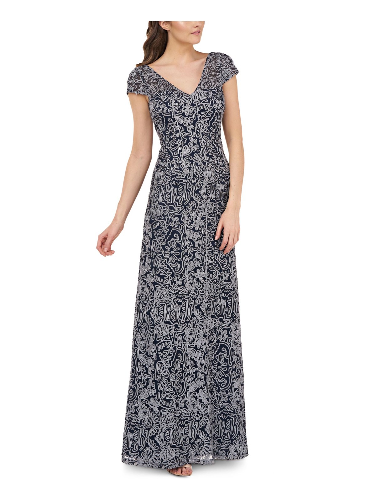 JS COLLECTION Womens Navy Short Sleeve Formal Fit + Flare Dress 4