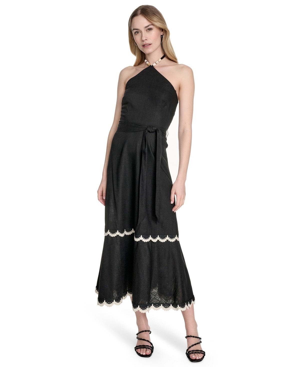Eliza J Beaded-Strap Contrast-Trim Halter MIDI Dress Women’s 6 Black Linen Blend