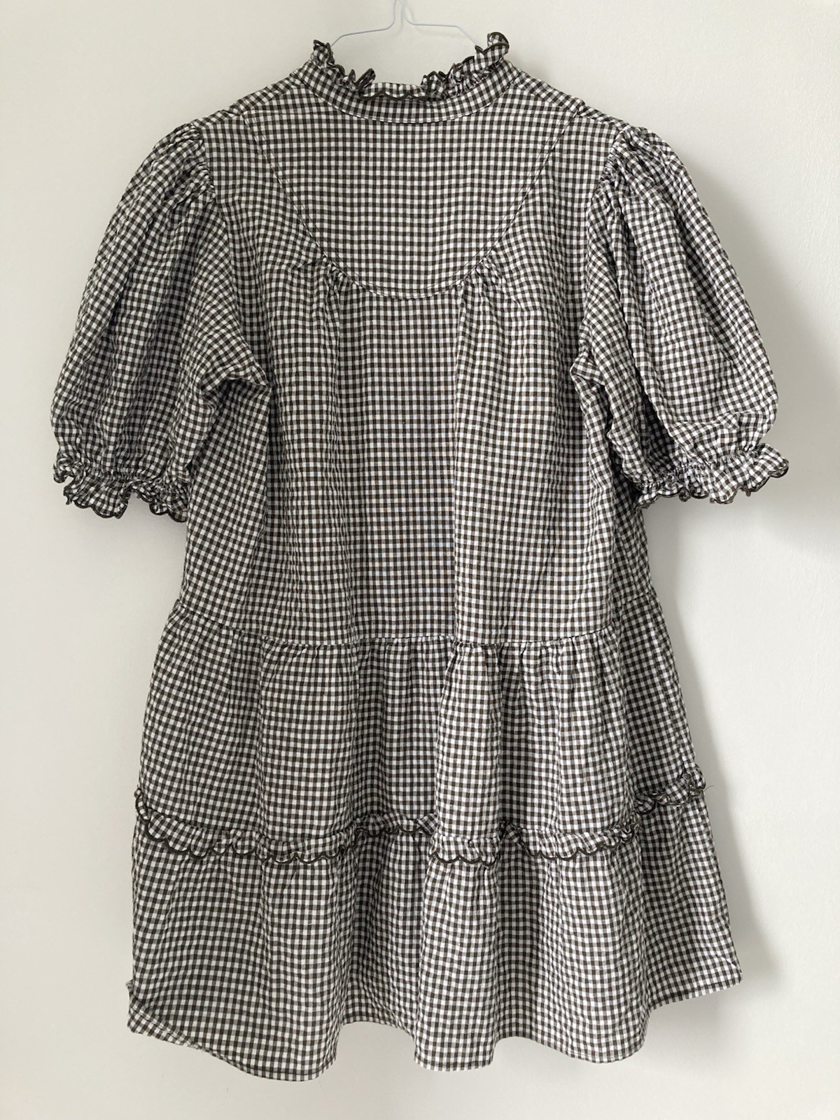 NWOT Pomander Place Brown White Gingham Linen Cotton Babydoll Puff Sleeve Sz L