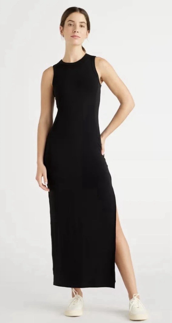 Quince Women’s Sleeveless Maxi Tencel Jersey Dress Black Side Slit Medium NWT