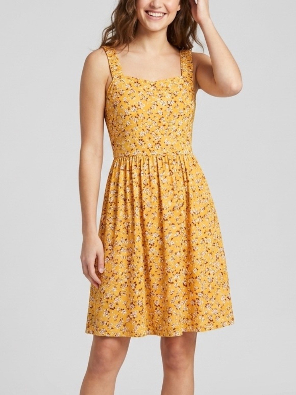 HUHOT Yellow Ditsy Floral Sundress Ruched Straps Skater Dress Size S NWT
