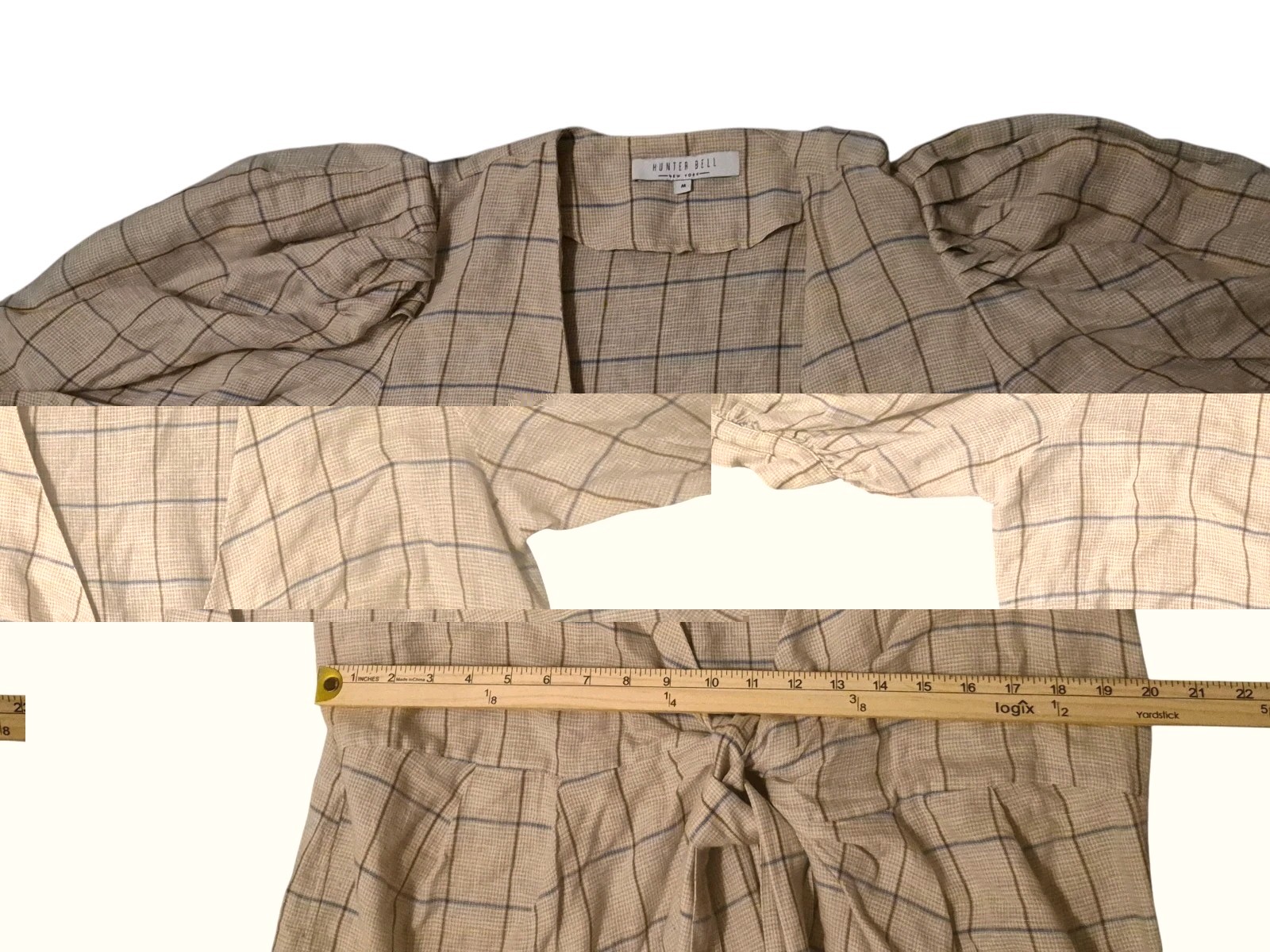 Hunter Bell Mini Plaid Dress M Linen Blend Wrap Puff Sleeve Neutral Preppy