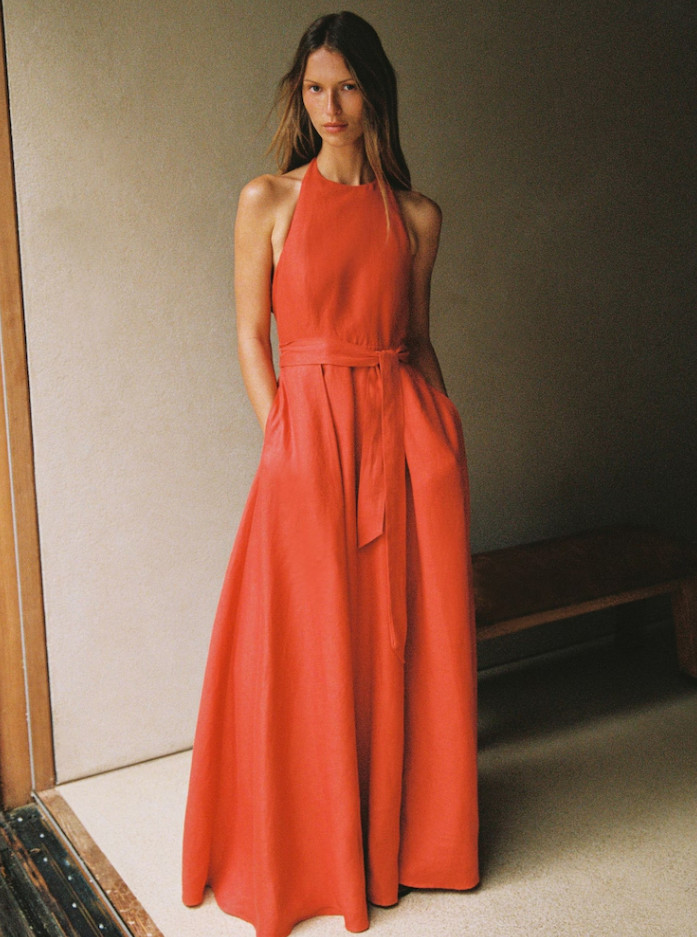 AUTH REISS Paules Linen Open-Back Maxi Dress in Coral Orange UK SZ 68/16