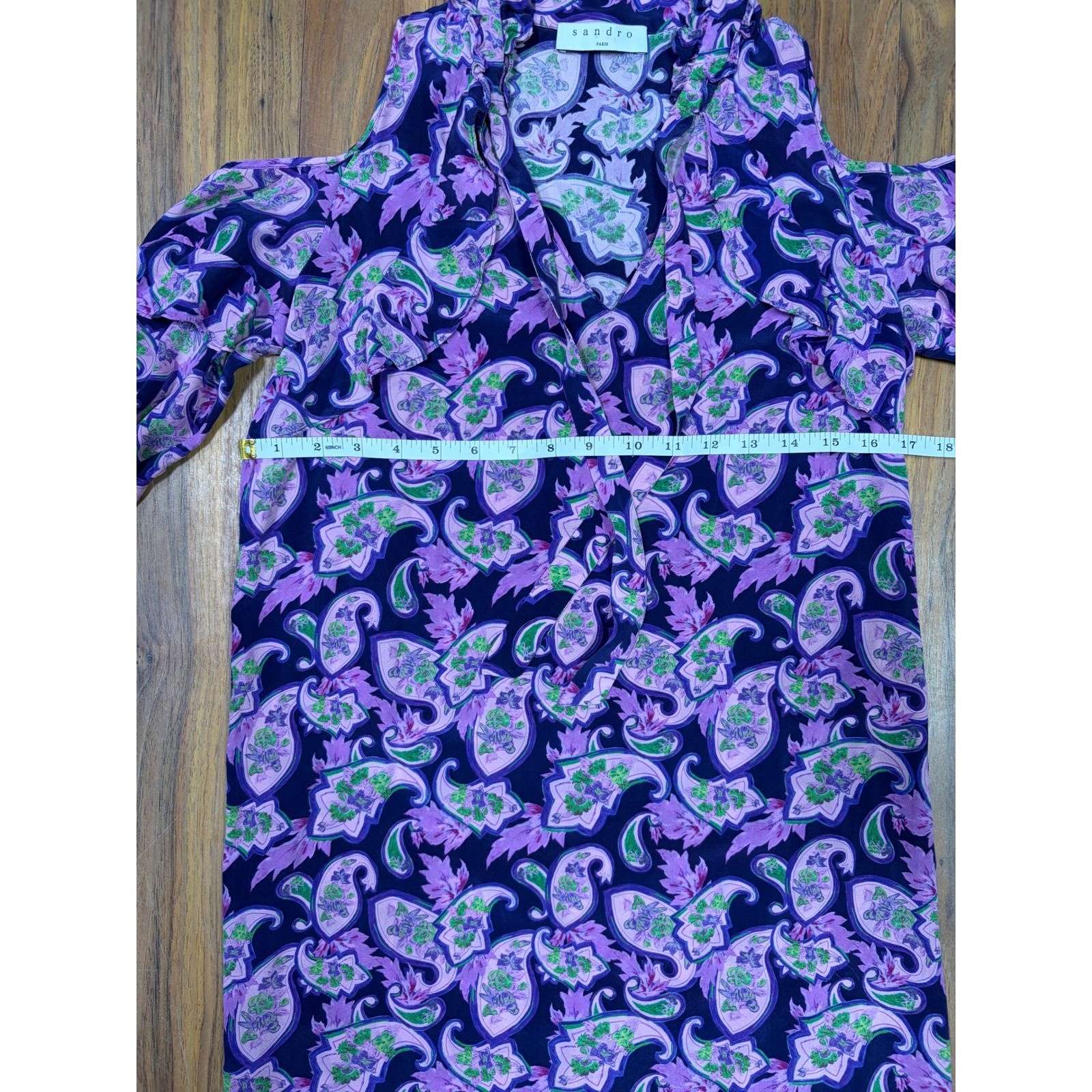 Sandro Silk Paisley Cold Shoulder Mini Dress Purple Green Ruffle Boho Shift