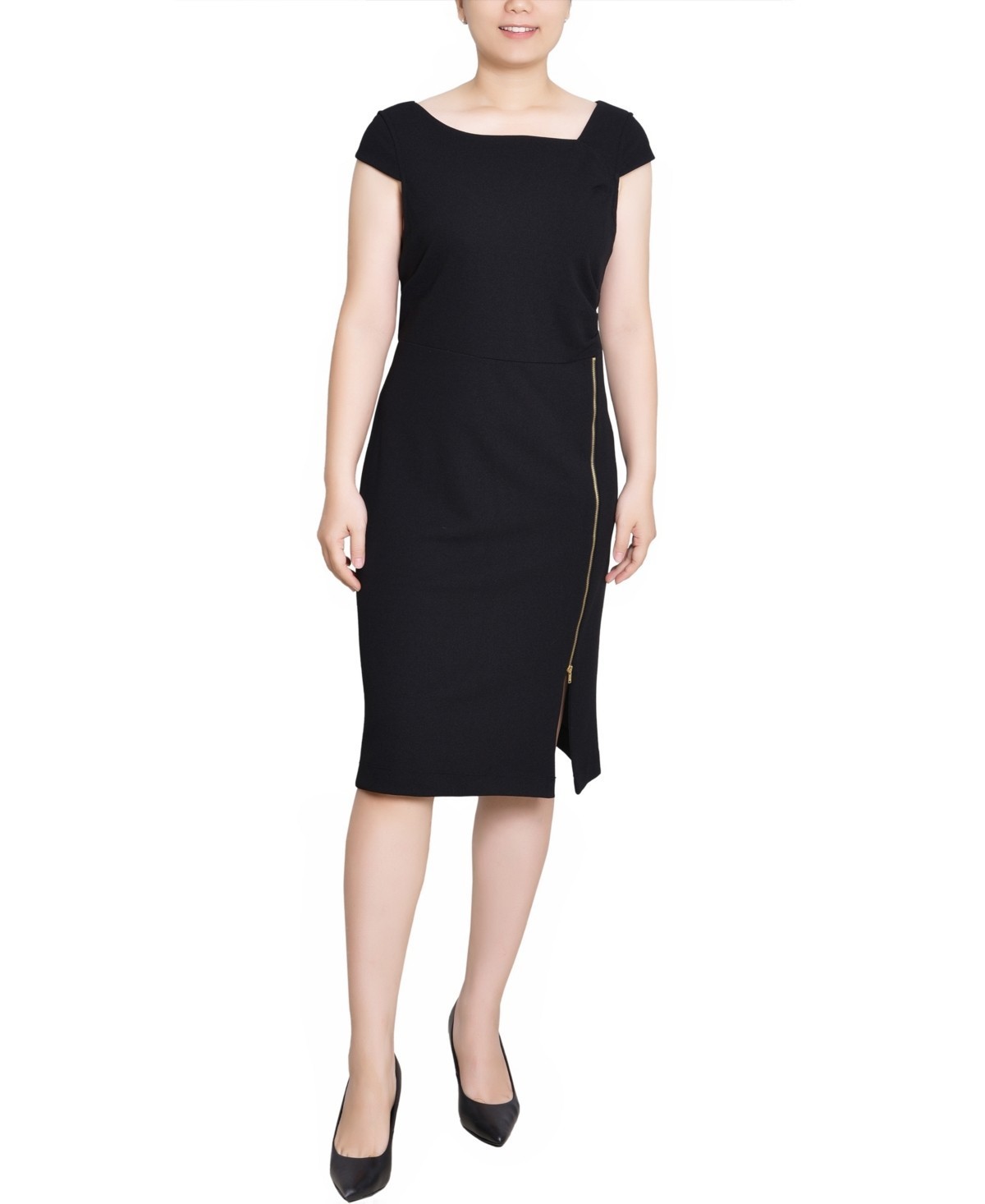 Ny Collection Petite Exposed Zipper Cap Sleeve Dress Women’s PM Black Back Zip