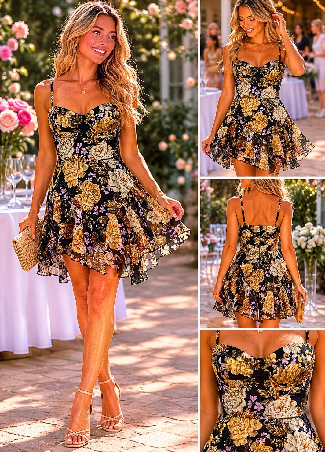 Akira Floral Bustier Mini Dress Romper Skort Black Gold Cottagecore Party S Boho