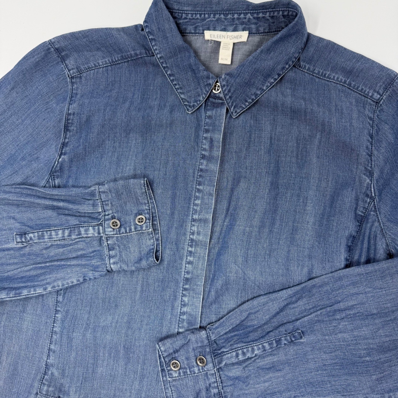 Eileen Fisher Chambray Denim Shirt Dress Tencel Cotton Blue Women’s Medium